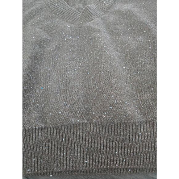 Women's FRNCH x Anthropologie V Neck Shine Pullover Sweater Shimmer Shine Greige - Picture 2 of 10
